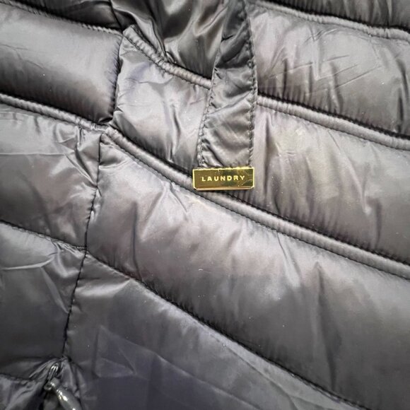 Laundry by Shelli Segal Asymettrical Packable Puffer Jacket Navy/Gold Sz L - Picture 2 of 14